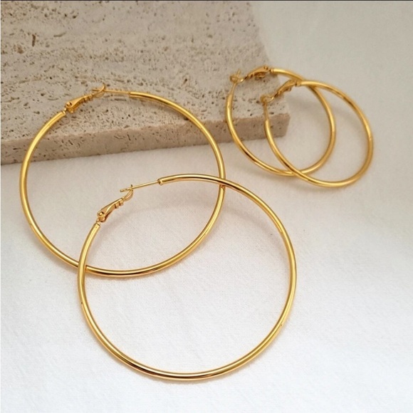 Gold Hoops, 50mm, Thin, Lightweight, Gold Plated, Punk - Picture 3 of 10